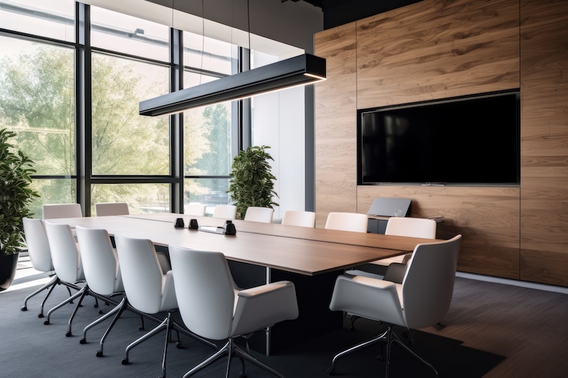 Mötesrum med långbord, stolar och tv